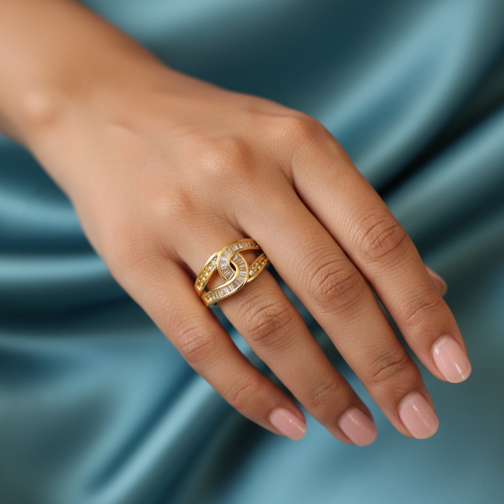 Elegant Gold-Plated Zirconia Wave Ring - Statement Jewelry for Women