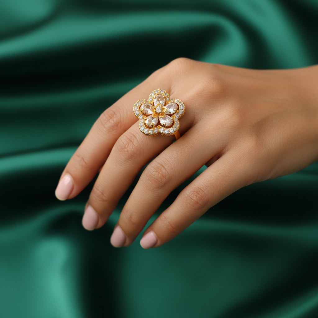 Elegant Gold-Plated Flower Ring with Zircon Stones - Adjustable & Stylish