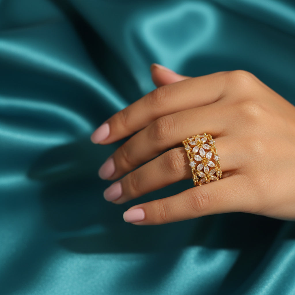Elegant Gold-Plated Floral Zircon Ring - Adjustable & Sparkling Statement Piece