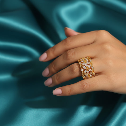 Elegant Gold-Plated Floral Zircon Ring - Adjustable & Sparkling Statement Piece