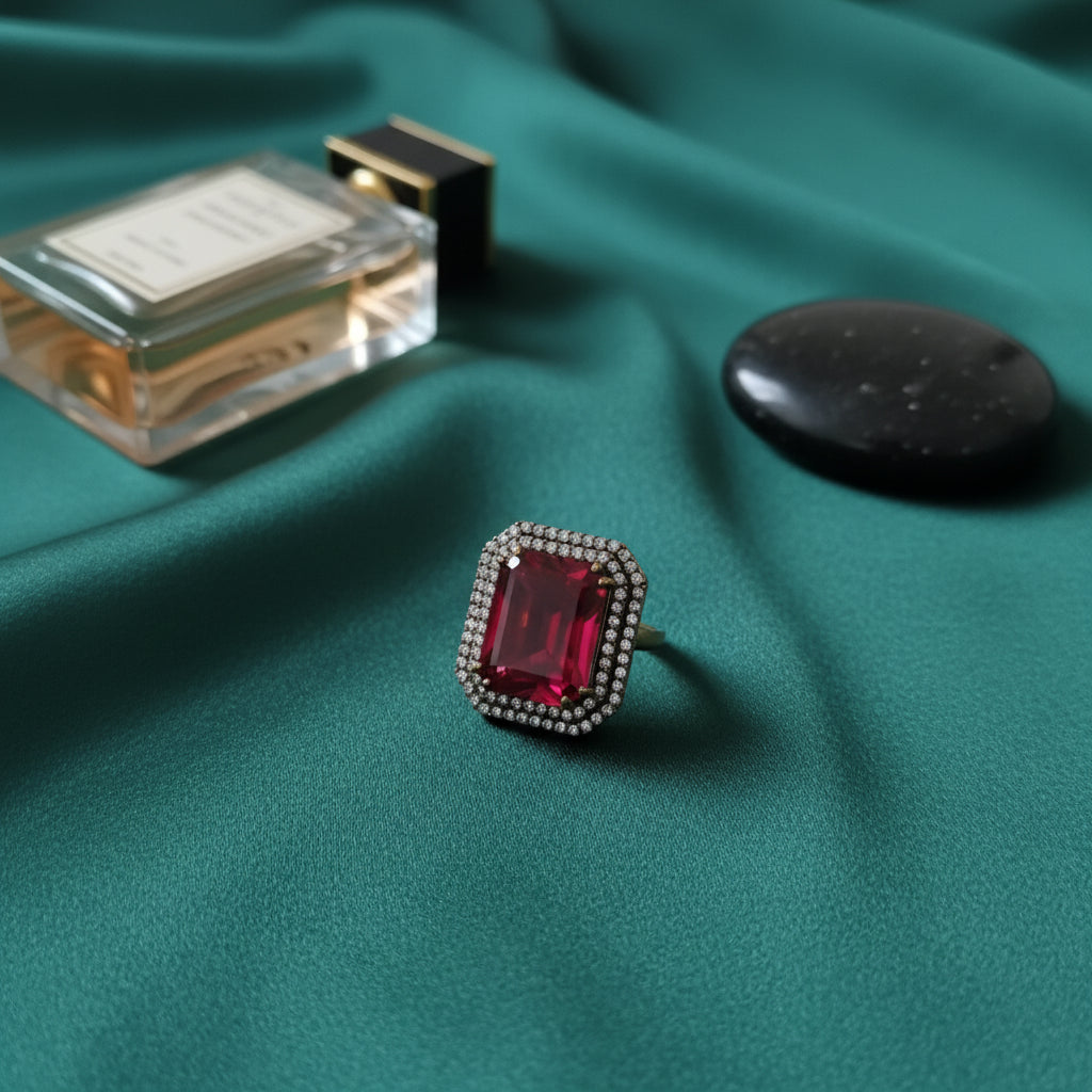 Radiant Ruby Red & Pave Diamond Halo Ring - Statement Gemstone Jewelry