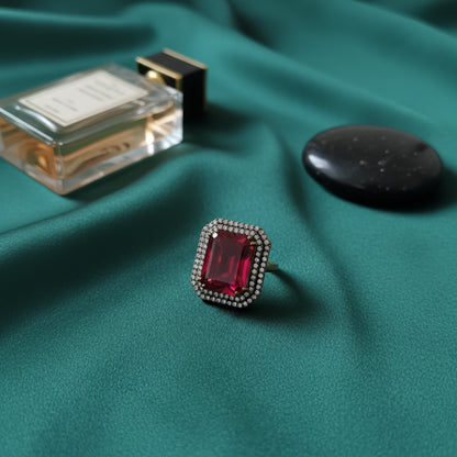 Radiant Ruby Red & Pave Diamond Halo Ring - Statement Gemstone Jewelry