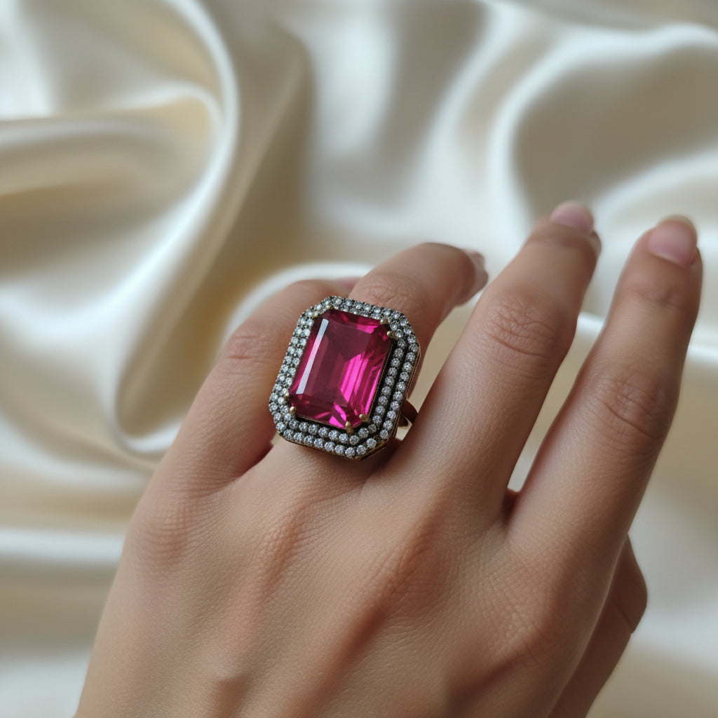 Radiant Ruby Red & Pave Diamond Halo Ring - Statement Gemstone Jewelry