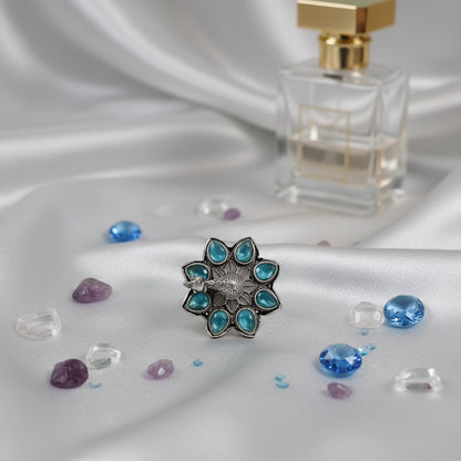 Oxidized Silver Peacock Ring with Aqua Blue Stones - Statement Ethnic Jewelry