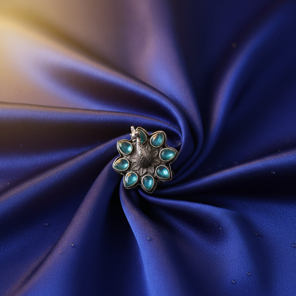 Oxidized Silver Peacock Ring with Aqua Blue Stones - Statement Ethnic Jewelry