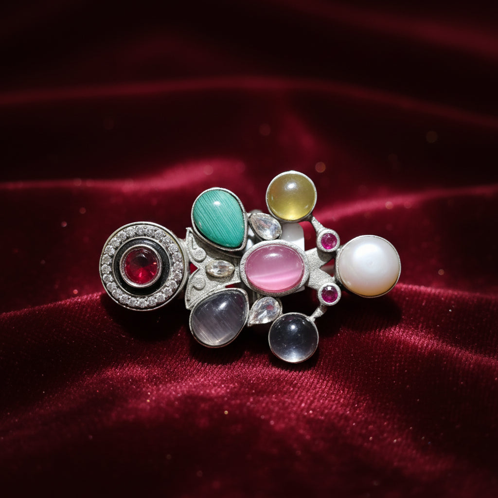 Multi-Gemstone Statement Ring - Sterling Silver Adjustable Cocktail Ring
