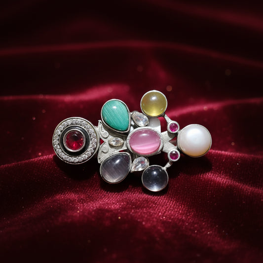 Multi-Gemstone Statement Ring - Sterling Silver Adjustable Cocktail Ring