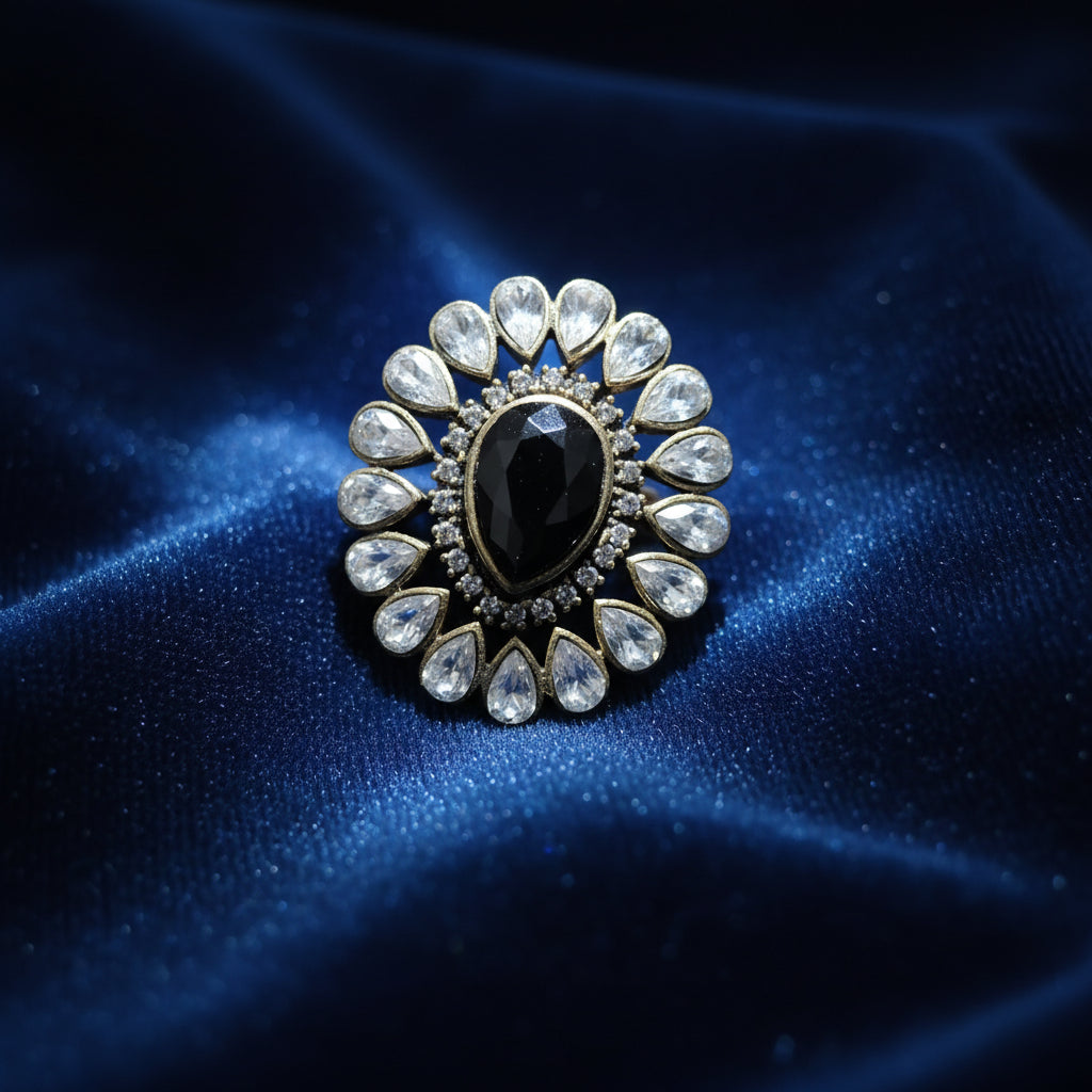 Royal Black Stone & White Kundan Adjustable Finger Ring for Women