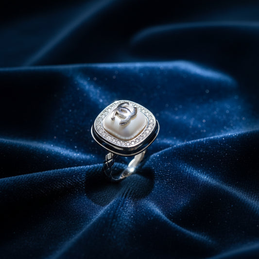 Elegant Pearl & Pave Crystal Cushion Ring - Sterling Silver Plated Cocktail Jewelry