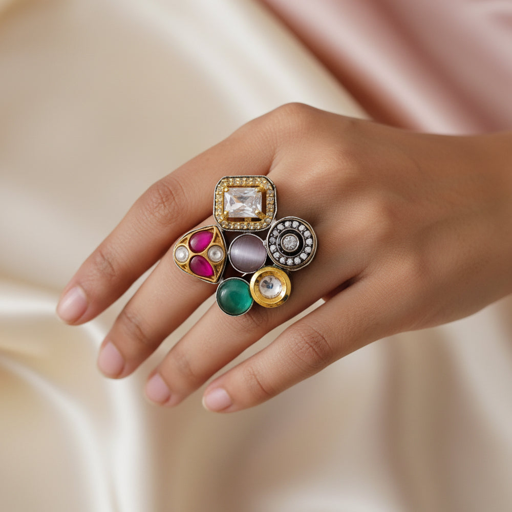 Multi-Gemstone Statement Ring - Adjustable, Boho Chic, Handcrafted Jewelry
