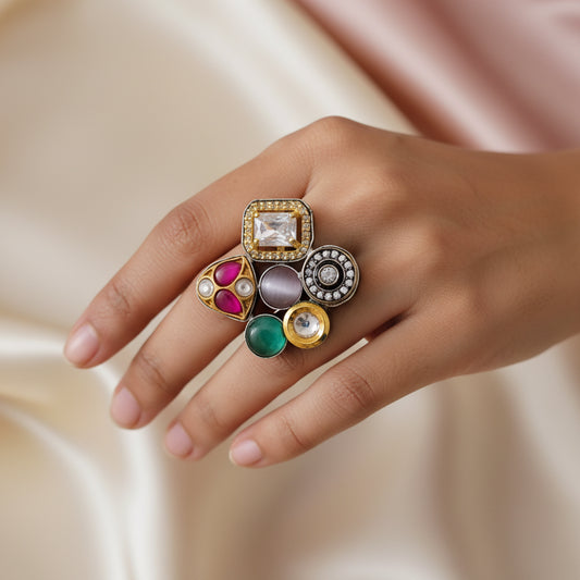 Multi-Gemstone Statement Ring - Adjustable, Boho Chic, Handcrafted Jewelry