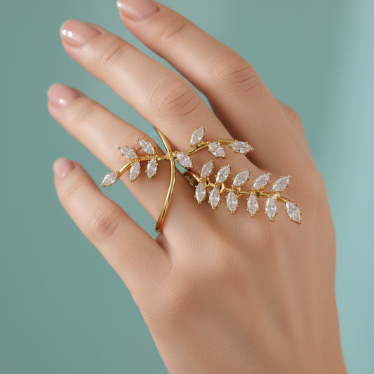 Elegant Gold-Plated Leaf Cuff Bracelet with Zircon Stones - Adjustable Fashion Jewelry