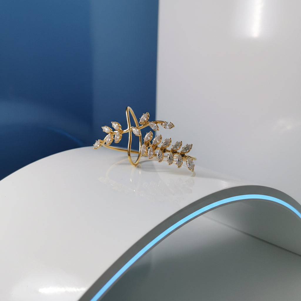 Elegant Gold-Plated Leaf Cuff Bracelet with Zircon Stones - Adjustable Fashion Jewelry