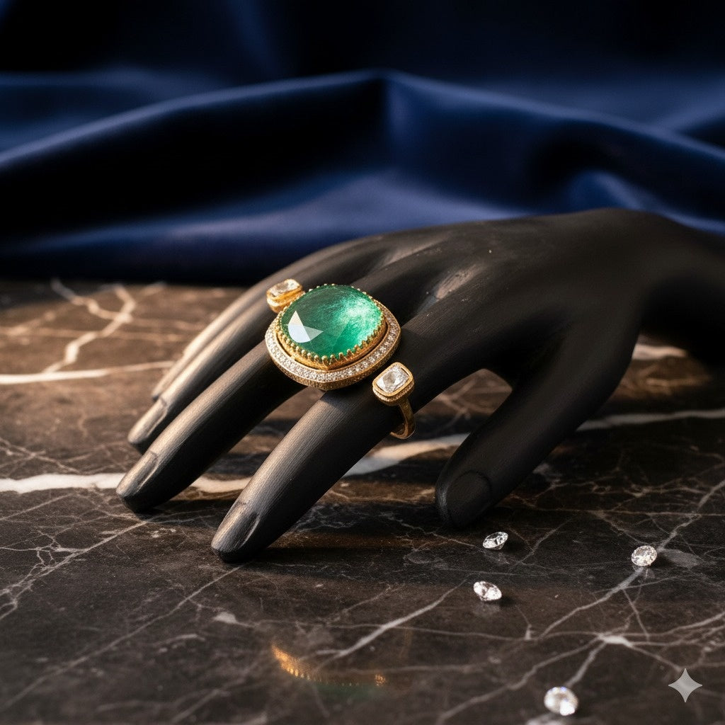 Emerald & Diamond Gold Cocktail Ring - Statement Gemstone Jewelry