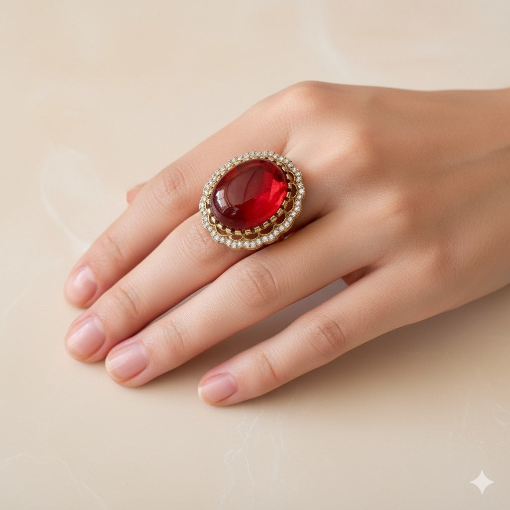 Dazzling Ruby Red Statement Ring with Pave Diamond Halo - Gold-Tone Cocktail Jewelry