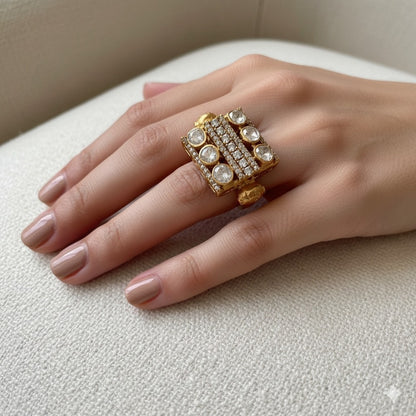 Ornate Gold & Diamond Statement Ring - Handcrafted Vintage-Inspired Cocktail Jewelry