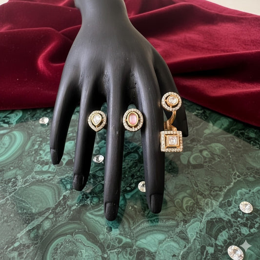 Elegant Gold-Plated Crystal & Stone Cocktail Rings Set - Adjustable Statement Jewelry