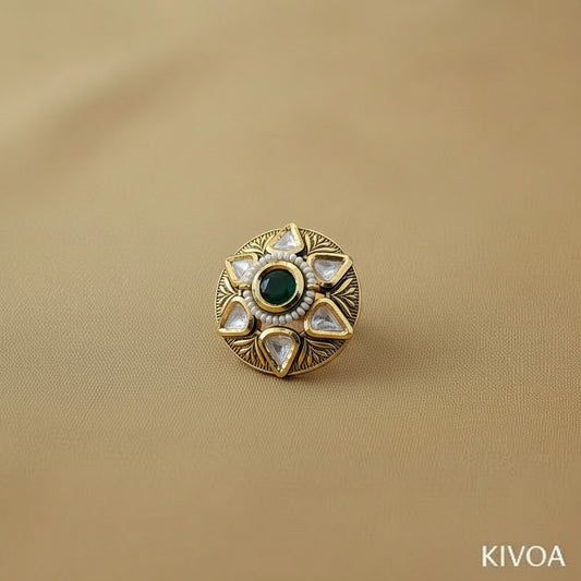 KIVOA Antique Gold Statement Ring - Emerald Green, Kundan & Pearl Traditional Indian Jewelry
