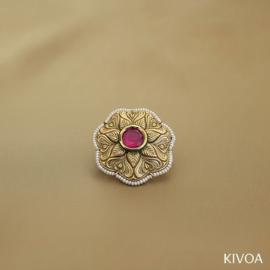 Antique Gold Floral Statement Ring with Ruby Red Stone & Pearl Halo - Ethnic Jewelry
