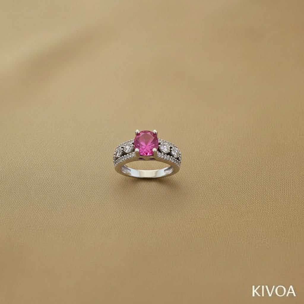Radiant Oval Pink Gemstone & Diamond Simulant Silver Statement Ring