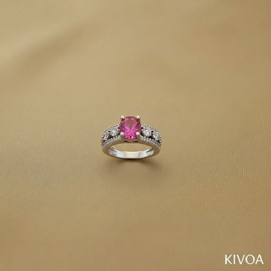 Radiant Oval Pink Gemstone & Diamond Simulant Silver Statement Ring