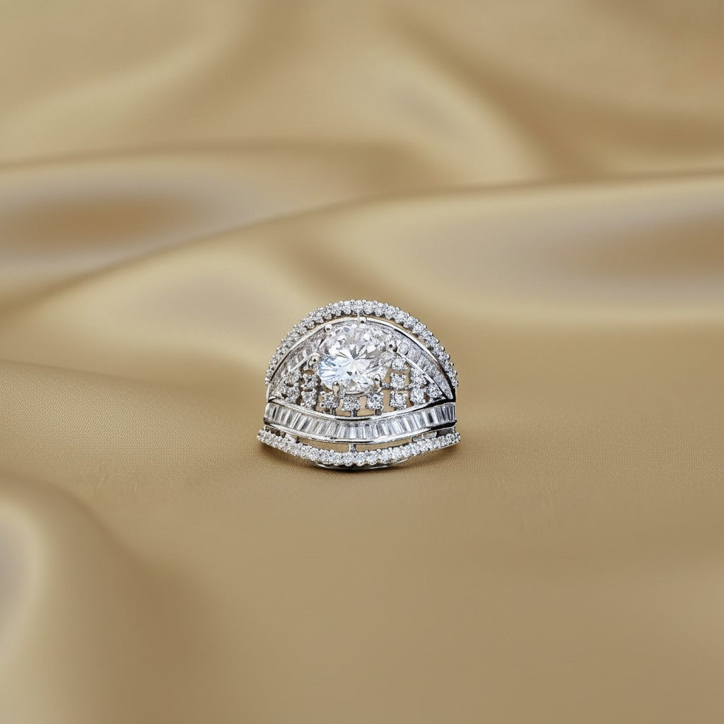 White Gold Diamond Statement Ring - Vintage Filigree & Baguette Design