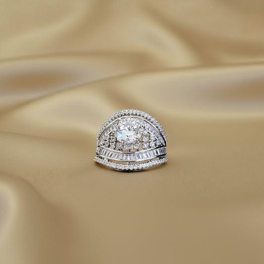 White Gold Diamond Statement Ring - Vintage Filigree & Baguette Design