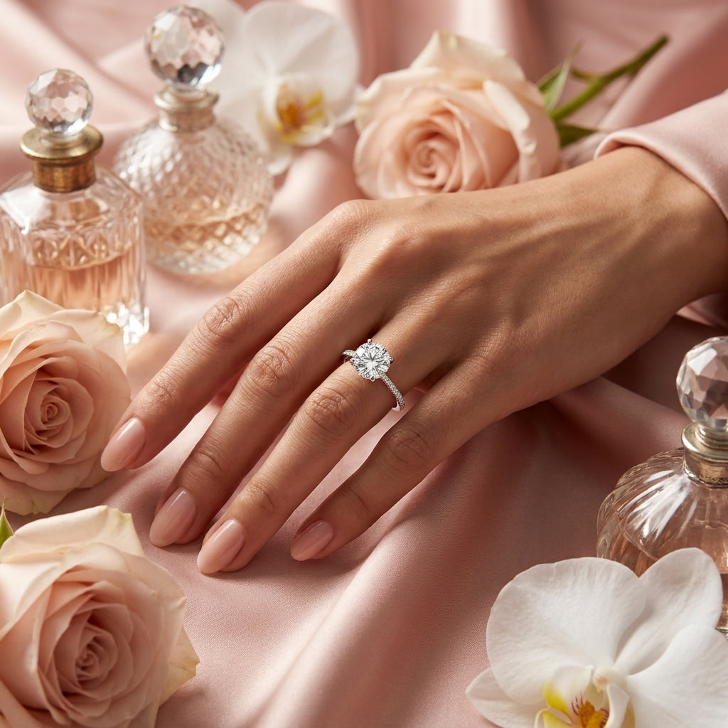 Sparkling Round Solitaire Ring with Pave Band