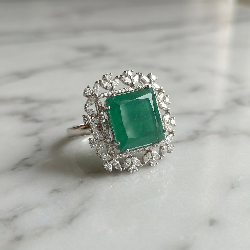 Radiant Square Green Stone Cocktail Ring in Silver Floral Setting