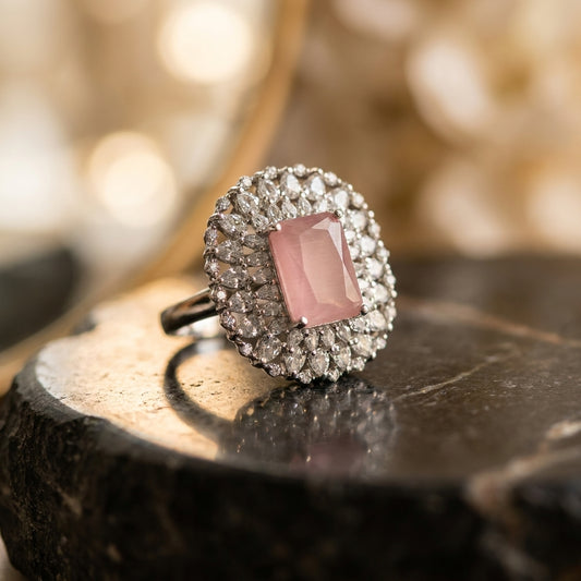 Vintage-Style Pink Stone & Cubic Zirconia Statement Ring