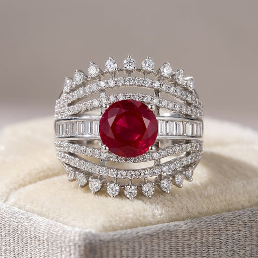 Ruby Red & CZ Silver Statement Ring, Multi-Band Cocktail Jewelry