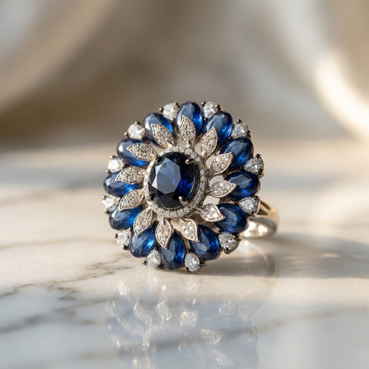 Royal Blue Sunburst Cocktail Ring with Crystal Accents