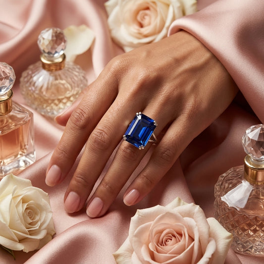 Emerald Cut Blue Sapphire Cocktail Ring, Silver Plated Statement Piece
