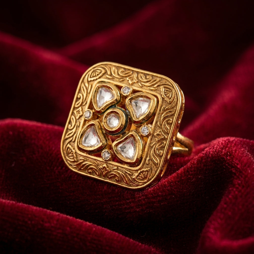 Royal Antique Gold Square Kundan Style Statement Ring