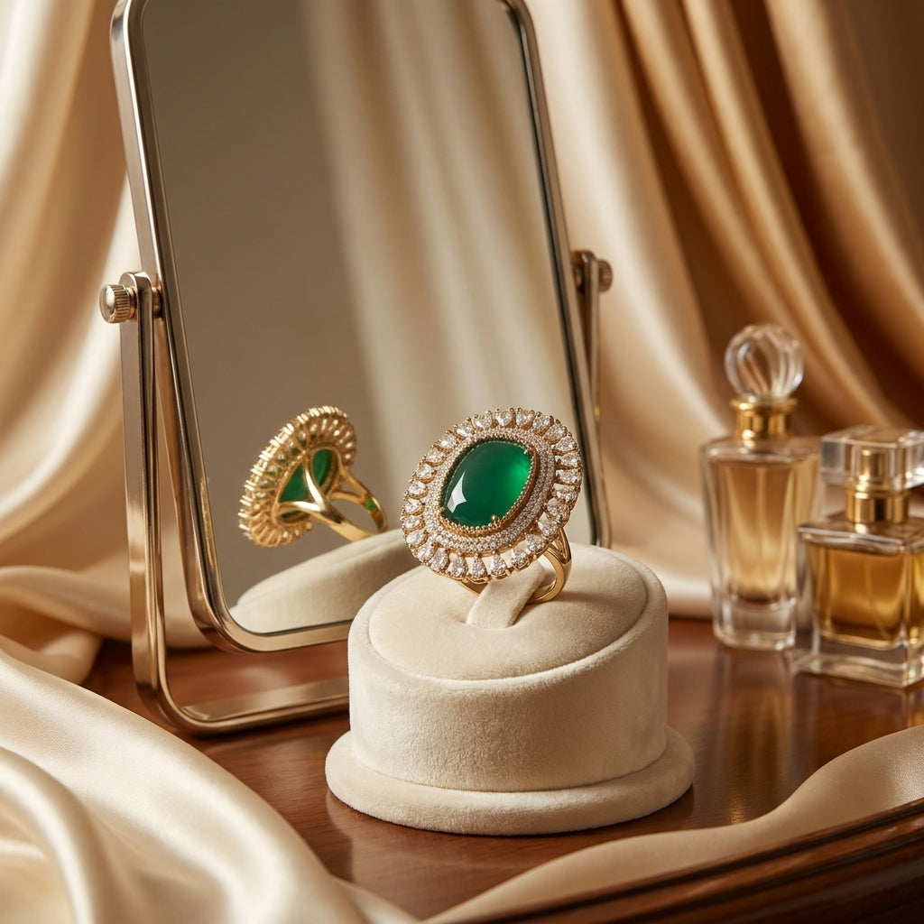 Emerald Green Halo Cocktail Ring with CZ Accents