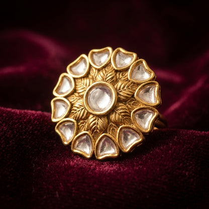 Gold Kundan Floral Statement Ring, Traditional Cocktail Jewelry