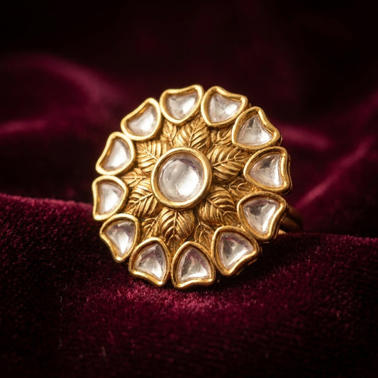 Gold Kundan Floral Statement Ring, Traditional Cocktail Jewelry