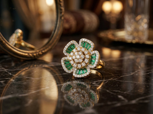 Luxurious Emerald Green & CZ Floral Statement Ring in Gold