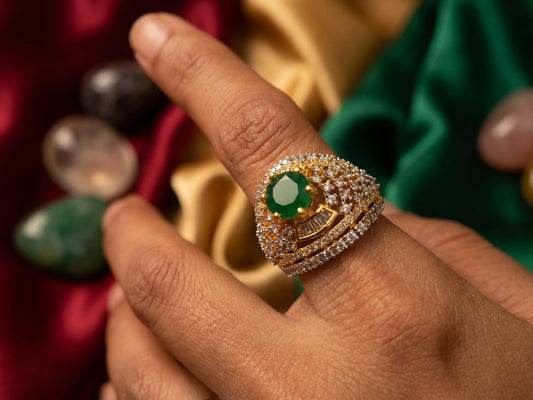 Gold Plated Emerald Green Halo Cocktail Ring