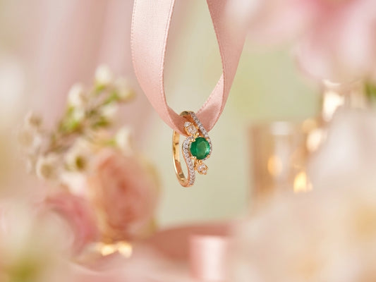 Emerald Green Oval & CZ Swirl Gold Tone Ring