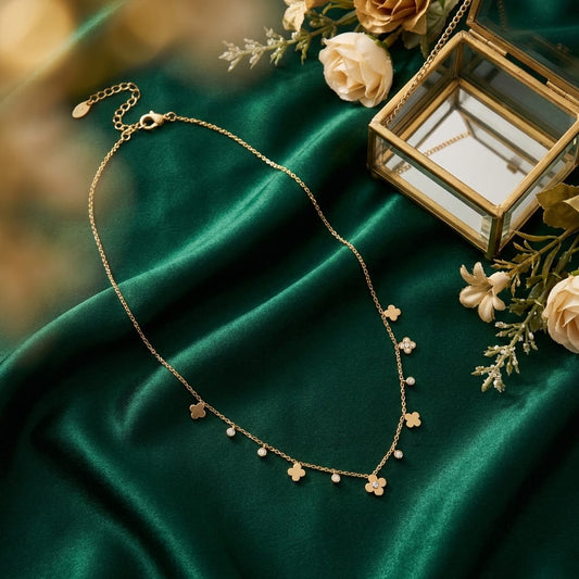 Delicate Gold Clover & Pearl Charm Necklace