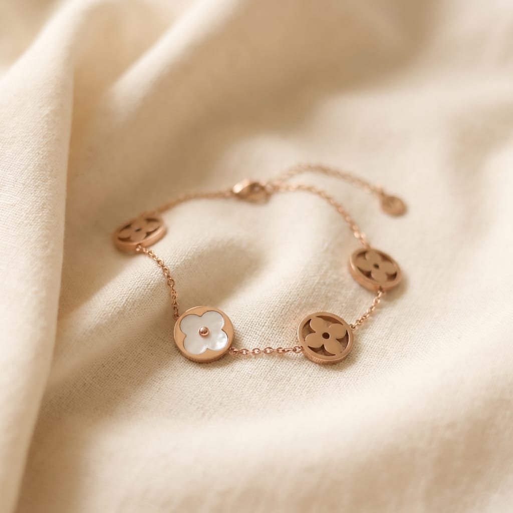 Elegant Gold-Plated Clover & Flower Charm Bracelet - Delicate Everyday Jewelry